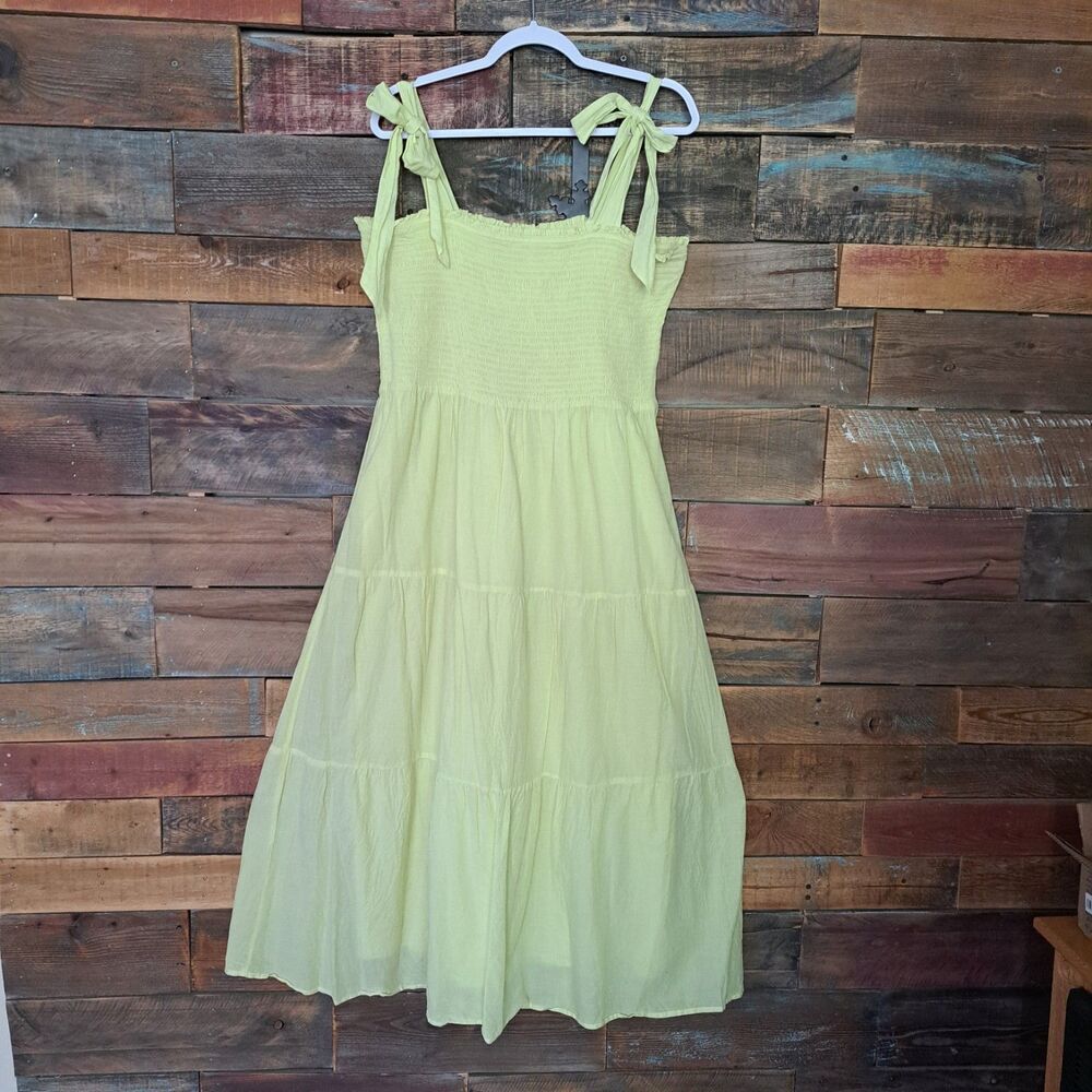 For The Republic Smocked Sundress Muted Neon Yellow Lined 100% Cotton Sz XL